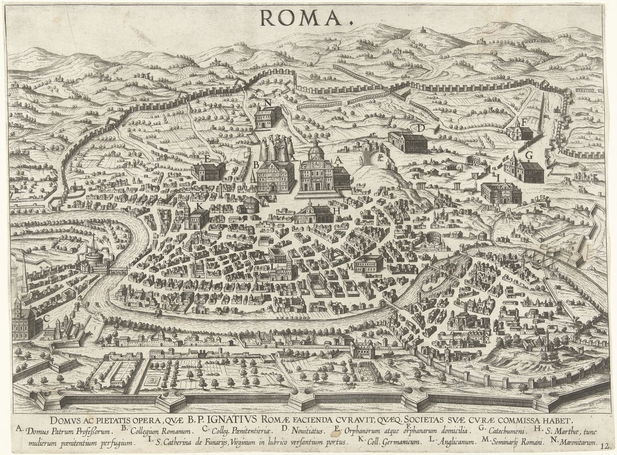 Mapa Říma zobrazující základy Ignáce z Loyoly Vita beati patris Ignatii Loyolae (název série) Scény ze života Ignáce z Loyoly (název série) od Anonymous