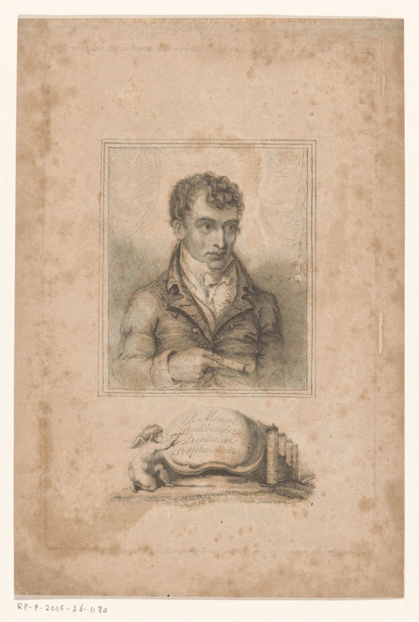 Portrét Roberta Mounta, londýnského knihaře a prodejce tiskovin R. Mount, Bookbinder, Printseller & Portfolio Maker (název na objektu) od Anonymous