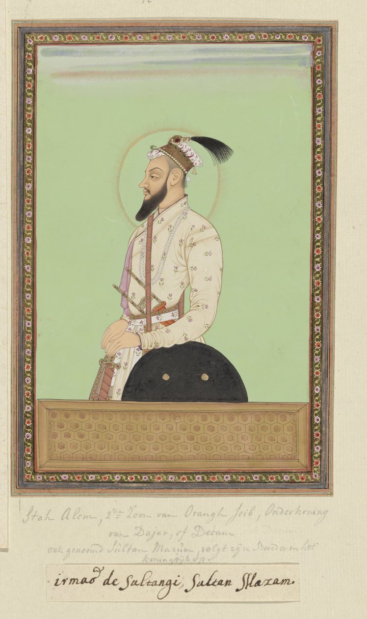 Portrét Shah Alama, syna Aurangzeba, který se narodil po Sultanji; on byl první guvernér (subagar) Deccan; poté, co šel do války proti Sambajimu, synovi Sivajiho, se nyní obrátil proti sultánovi Abu