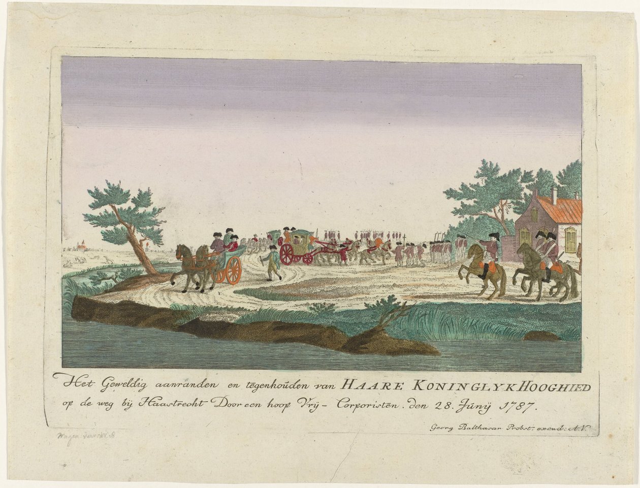 Princezna Oranžská se konala v Goejanverwellesluis, 1787 Velké napadení a zastavení Haare Koninglyk Hooghied na silnici poblíž Haastrechtu Spoustou Vrij-Corporisten. 28. června 1787 (název na objektu) Barevné německé tisky o d od Anonymous