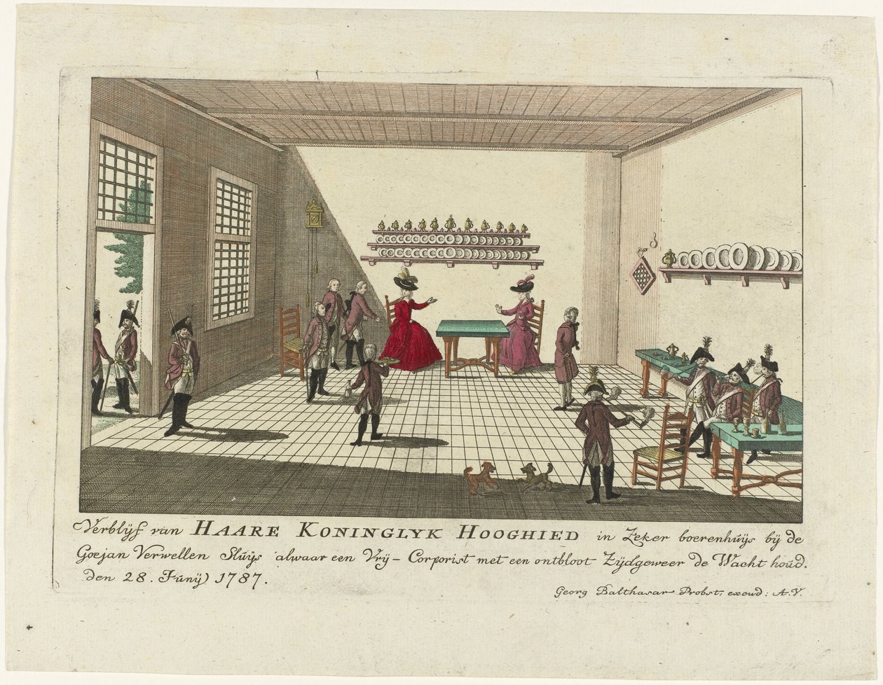 Princezna Oranžská ve strážnici v Goejanverwellesluis, 1787 Haare Koninglyk Hooghiedův pobyt v domě jistého farmáře poblíž Goejan Verwellen Sluijs, kde hlídá Vrij-Corpist s nahou boční puškou. 28. června 1787 (název na objektu od Anonymous