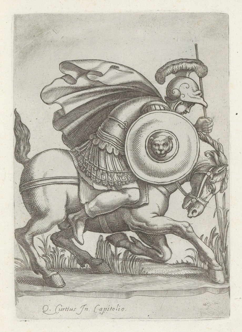 Reliëf se setkal s daad van Marcus Curtius Starožitné sochy v Římě (název série) Ikony starověkých soch města Říma, které jsou vidět na veřejných místech (název série) od Anonymous