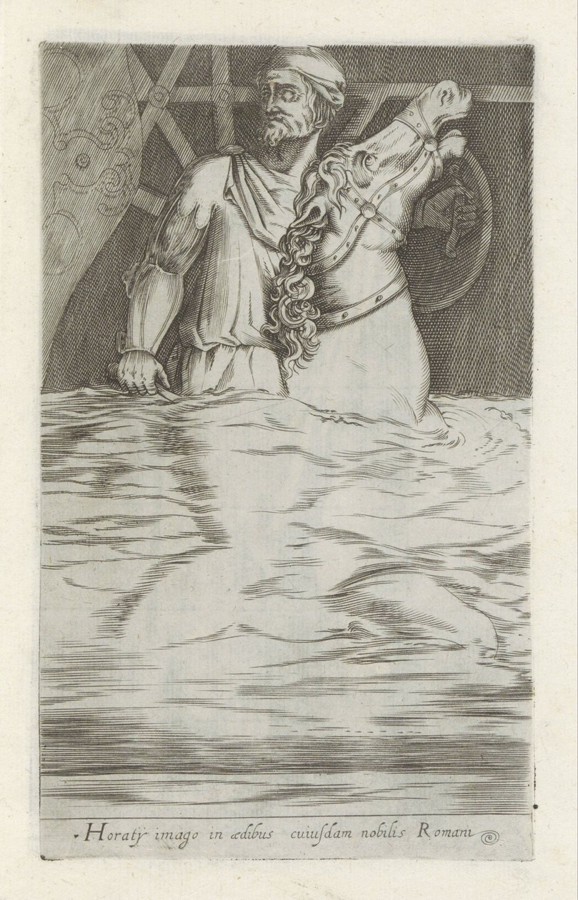 Reliëf van Horatius Cocles te paard die de Pont Sublicus in het water veridrt Horatyho obraz v domě římského šlechtice (titul na předmětu) Starožitné sochy v Římě (název série) Ze starověkých soch města Říma, které jsou k vidění na veřejných místech, tj od Anonymous