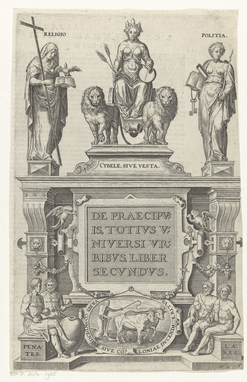 Rhea, Náboženství, Bestuur en huisgoden Titelpagina voor: Georg Braun a Franz Hogenberg, O hlavních městech celého vesmíru, druhá kniha, s.a. od Anonymous