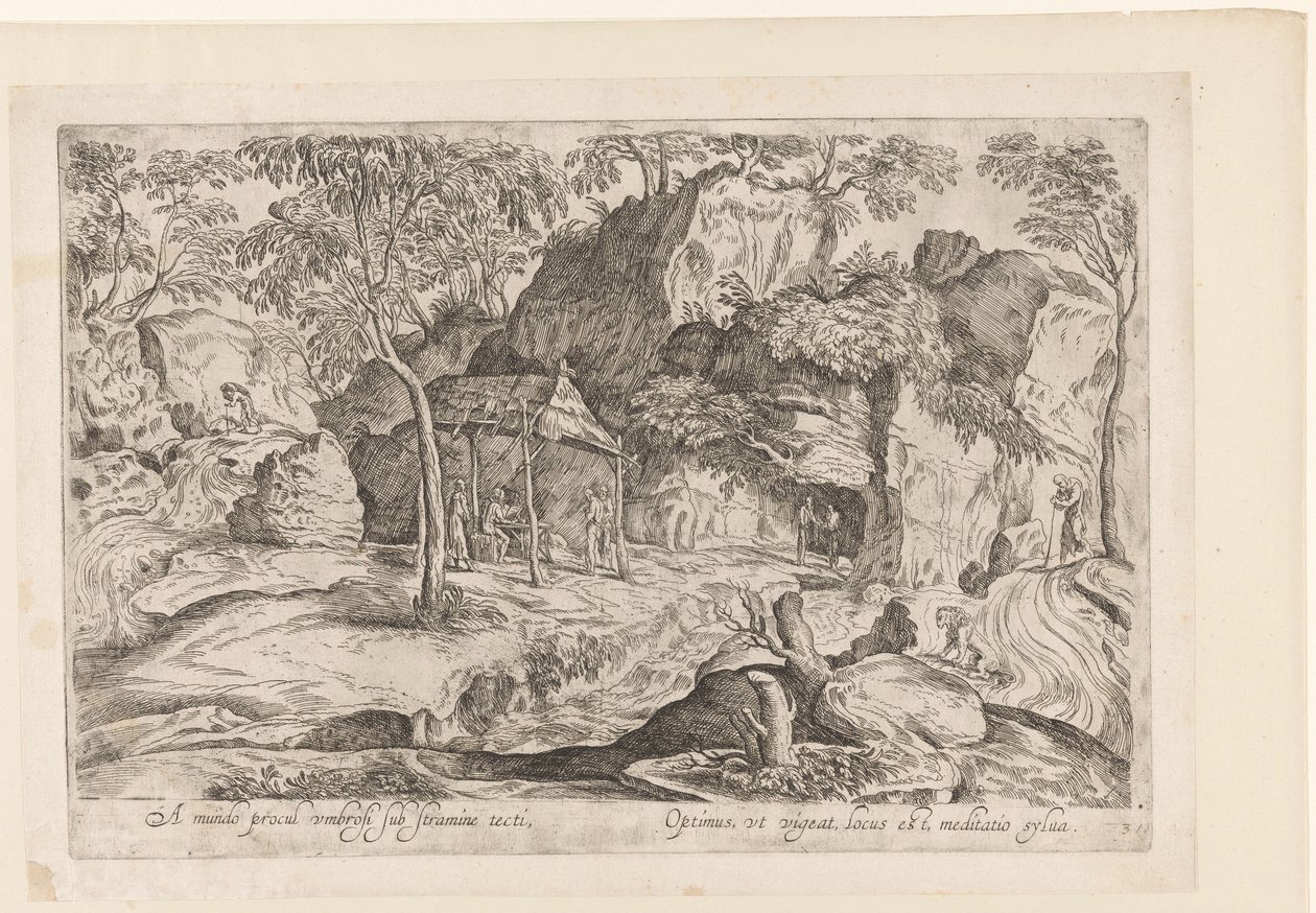 Rotsachtig landschap met dak op palen en rechts leeuw Daleko od světa, ukrytý pod doškovou střechou, Landschappen naar Domenico Campagnola (název série) od Anonymous