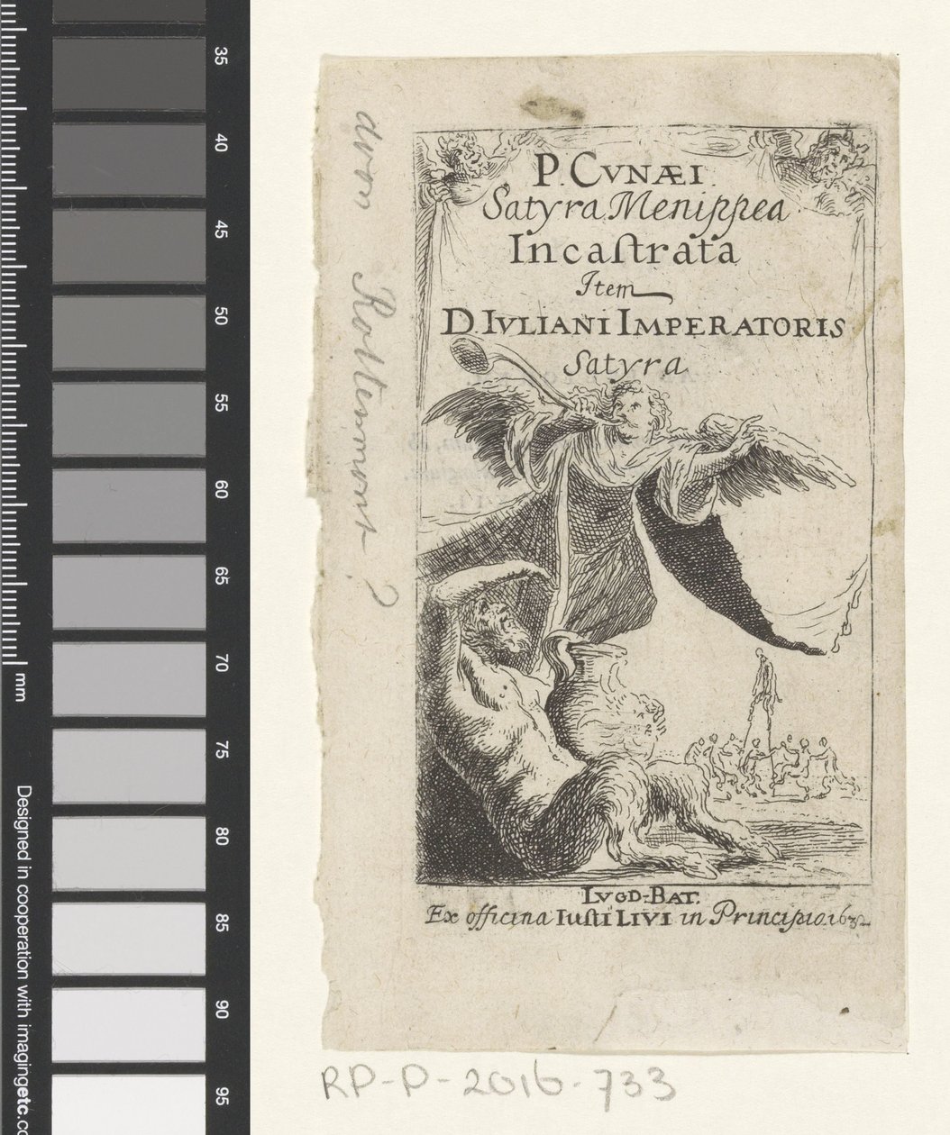 Satyr a anděl troubí na trubku Titulní strana pro: Petrus Cunaeus, Satyra Menippea Incastrata, 1632 od Anonymous