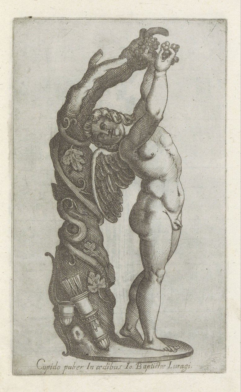 Sculptuur van Amor die druiven plukt Cupido puber v domě Io Baptista Lugari (titul na objektu) Starožitné sochy v Římě (název série) Ikony starověkých soch města Říma, které jsou vidět na veřejných místech (název série) od Anonymous