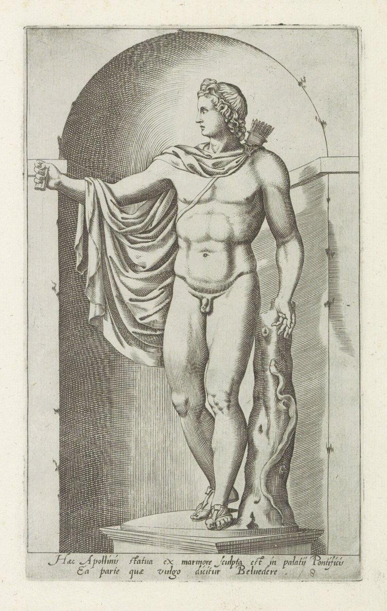 Socha Apolla Apollo Belvedere Tato socha Apollóna byla vytesána z mramoru v papežském paláci (...) (titul na předmětu) Starožitné sochy v Římě (název série) Ikony starověkých soch města Říma, které jsou k vidění na veřejných místech (série t od Anonymous