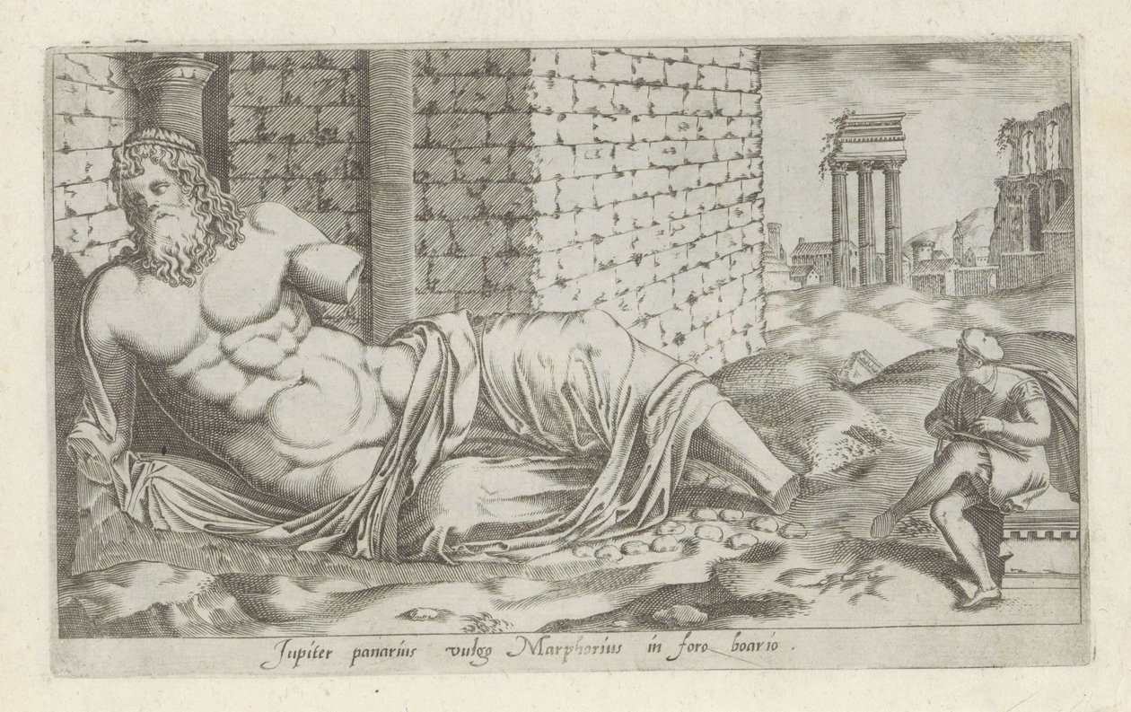 Sochař van Marforio Jupiter, živitel, běžně nazývaný Marphorius na trhu s dobytkem (titul na předmětu) Starožitné sochy v Římě (název série) Ikony starověkých soch města Říma, které jsou vidět na veřejných místech (název série) od Anonymous