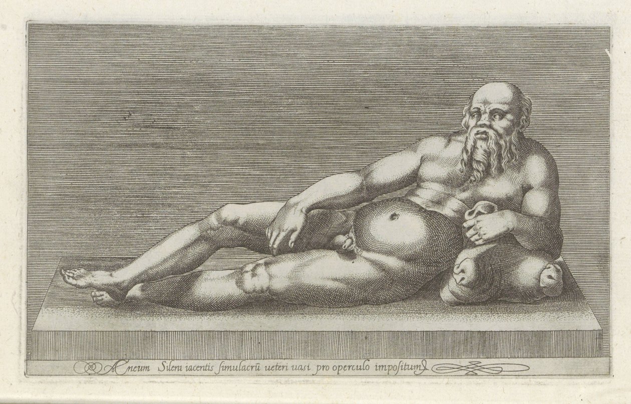 Sochař van Silenus Bronzová socha Aenea Silena ležící na staré nádobě pro víko (titul na předmětu) Starožitné sochy v Římě (název série) Ikony starověkých soch města Říma, které jsou vidět na veřejných místech (název série) od Anonymous
