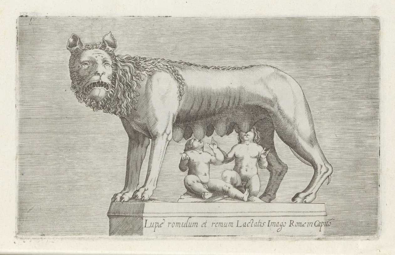 Sochař van de Lupa Capitolina z tweelingu Romulus a Remus zoogt Romulus a Remus kojí obraz vlka z Říma v Capito (název na předmětu) Starožitné sochy v Římě (název série) Ze starověkých soch města Říma, které jsou k vidění na veřejných místech ic od Anonymous