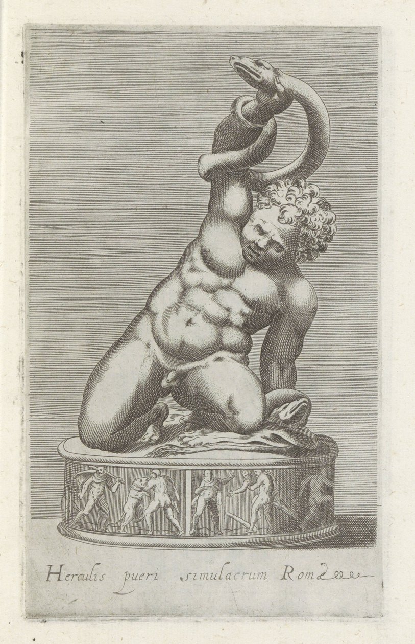 Sochař van de jonge Hercules se v bitvě setkal s een slangem Socha Herkula, dítěte Říma (titul na předmětu) Starožitné sochy v Římě (název série) Ikony starověkých soch města Říma, které jsou vidět na veřejných místech (název série) od Anonymous
