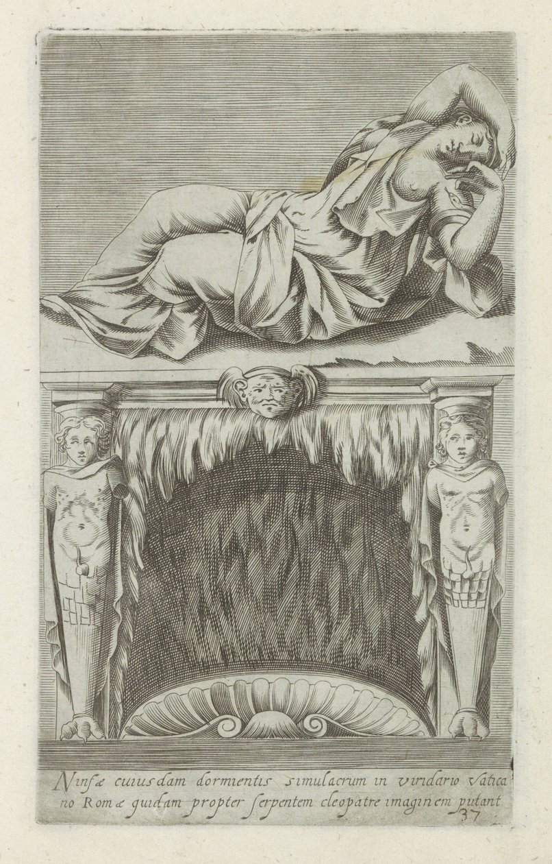 Sculptuur van de sleepende Ariadne boven een schouw Obraz jisté spící nymfy ve vatikánské zahradě v Římě je některými považován za obraz Kleopatry kvůli hadovi (název na předmětu) Starožitné sochy v Římě (název série) Starověké sochy města od Anonymous