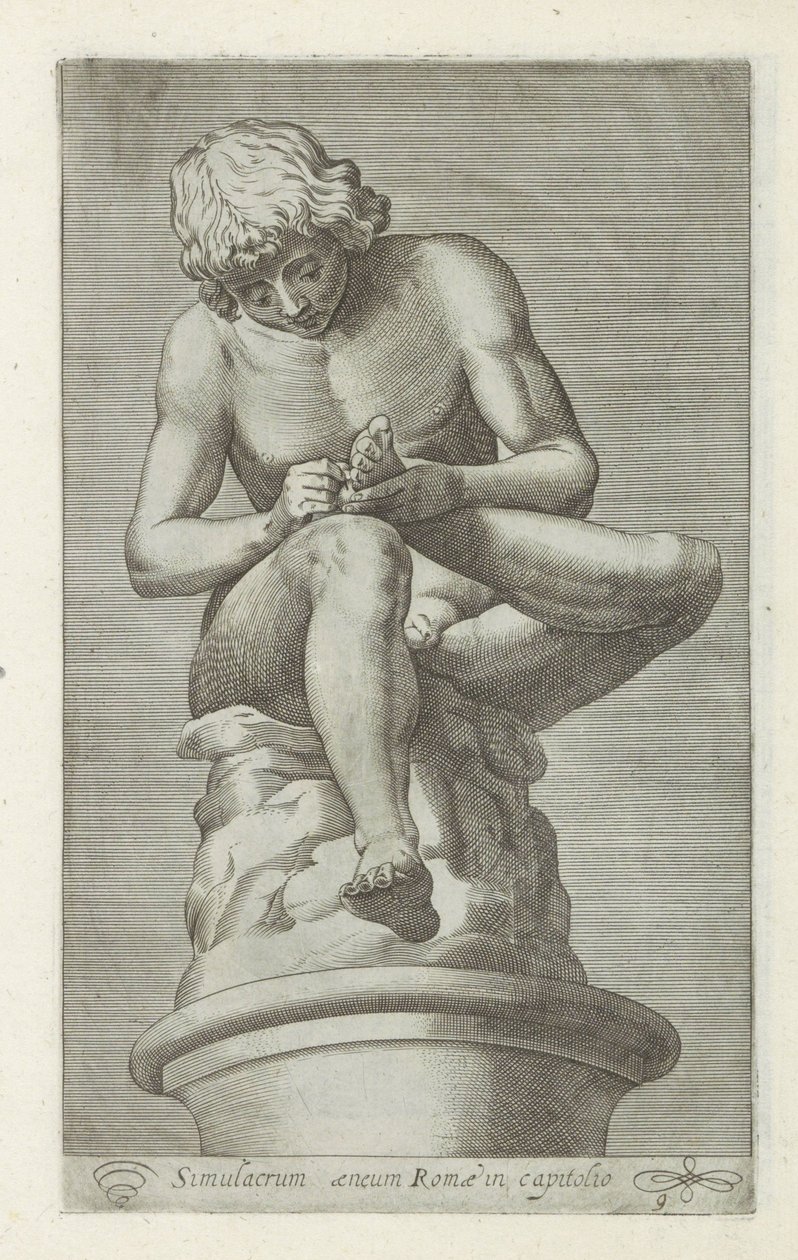 Sculptuur van een jongen se setkal s een doorn in de voet Mícha Bronzové simulakrum Říma v hlavním městě (název na předmětu) Starožitné sochy v Římě (název série) Ikony starověkých soch města Říma, které jsou vidět na veřejných místech (název série) od Anonymous