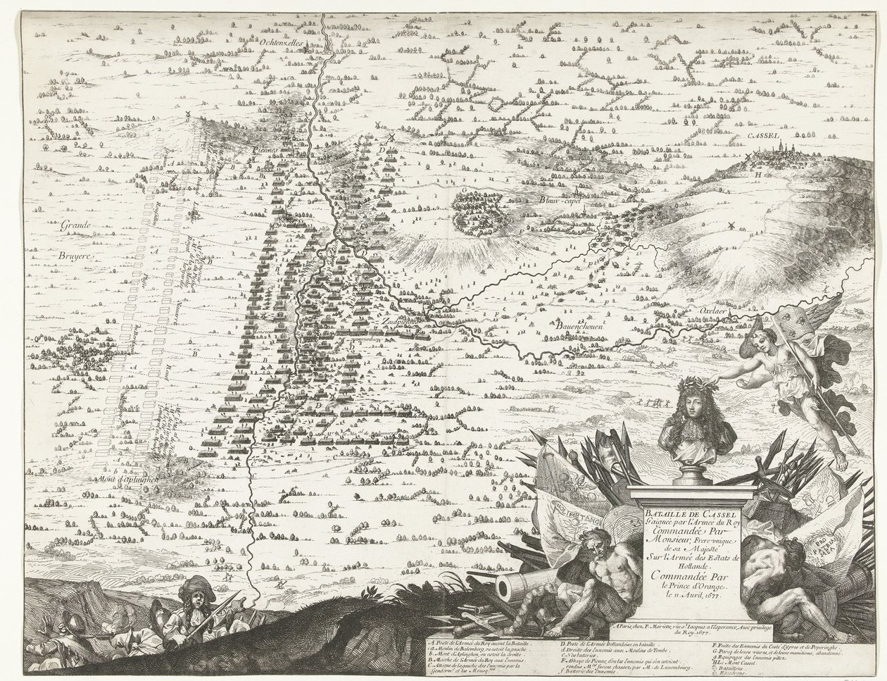 Struska bij Kassel, 1677 Bitva o Cassel vyhrála královská armáda pod velením jediného bratra Jeho Veličenstva nad armádou holandských stavů, které velel princ Oranžský 11. dubna 1677 (název na předmětu) od Anonymous