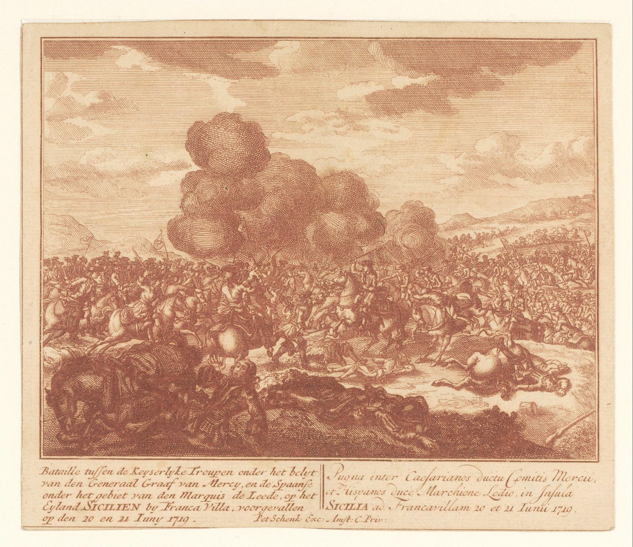 Bitva mezi císařskými vojsky a Španěly na Sicílii, červen 1719 Bataille mezi Keyserlijke Troupen pod kontrolou generála Graafa van Mercyho a Španělskem pod kontrolou markýze de Leede (...) (název na předmět) od Anonymous