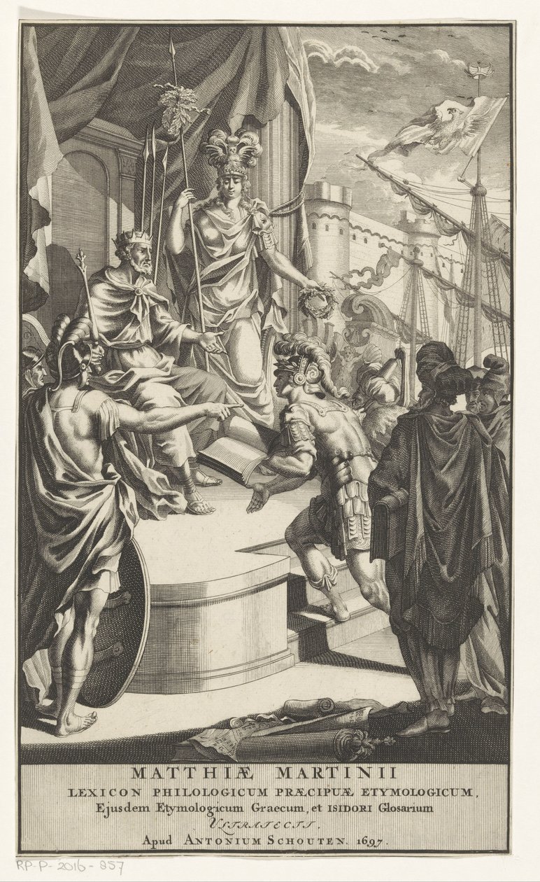 Voják představuje knihu králi Titulní strana pro: Matthias Martinius, Lexicon philologicum praecipuae etymologicum, 1697 od Anonymous