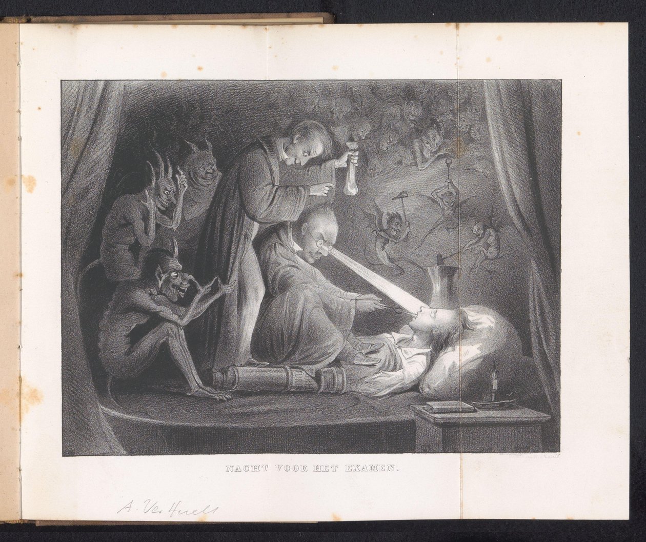 Karikatura ve studentském almanachu v Leidenu, 1844 Noc před zkouškou (název na předmětu) od Anonymous