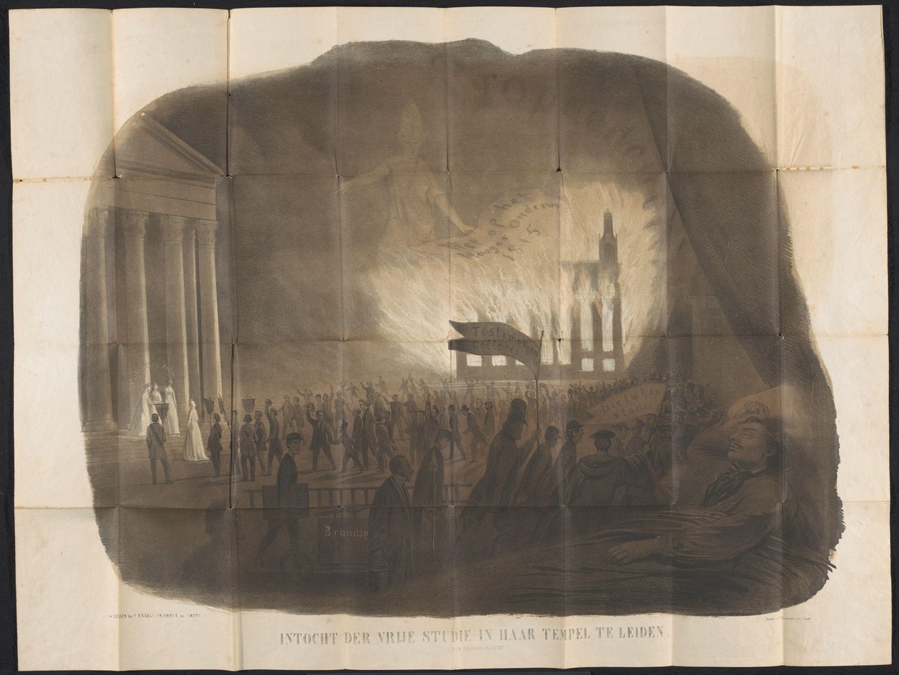 Karikatura ve studentském almanachu v Leidenu, 1866 Vstup na bezplatné studium do jejího chrámu v Leidenu (snová vize) (název na předmětu) od Anonymous