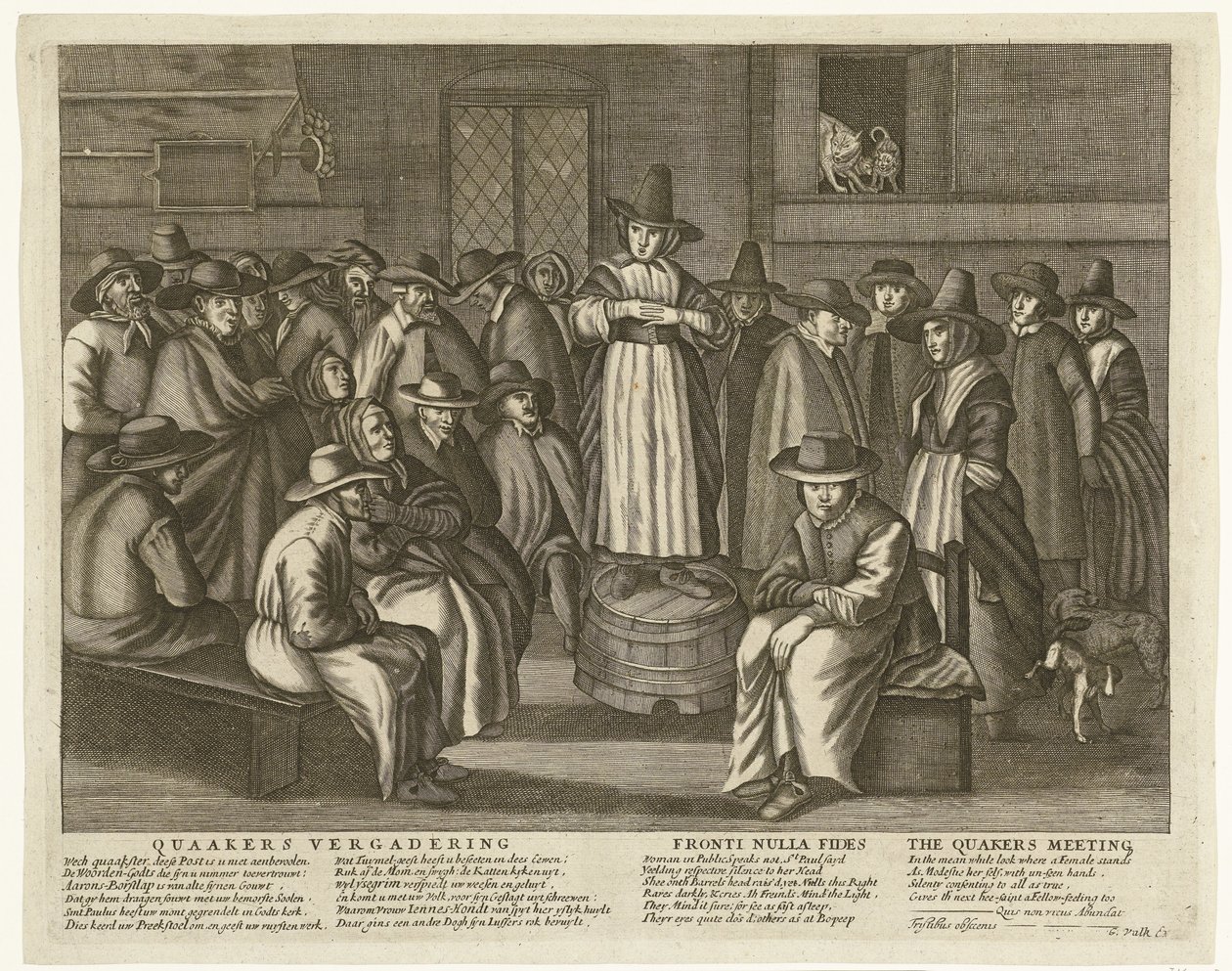 Karikatura anglických kvakerů, kolem roku 1656 Setkání kvakerů / Fronti Nulla Fides / Setkání kvakerů (název na objektu) od Anonymous