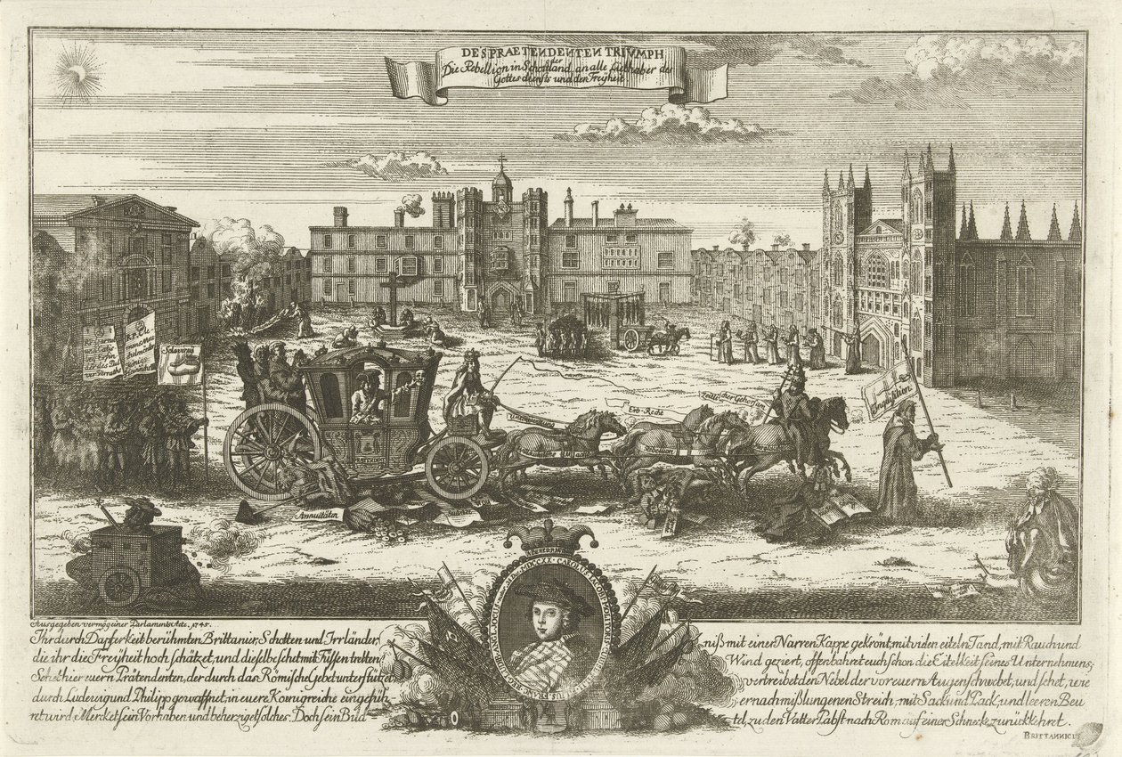 Spotprent op de Engelse předstíraný Charles Edward Stuart, 1745 Despreendenten Trivmph / Povstání ve Skotsku všem milovníkům uctívání a svobody (název na předmětu) od Anonymous