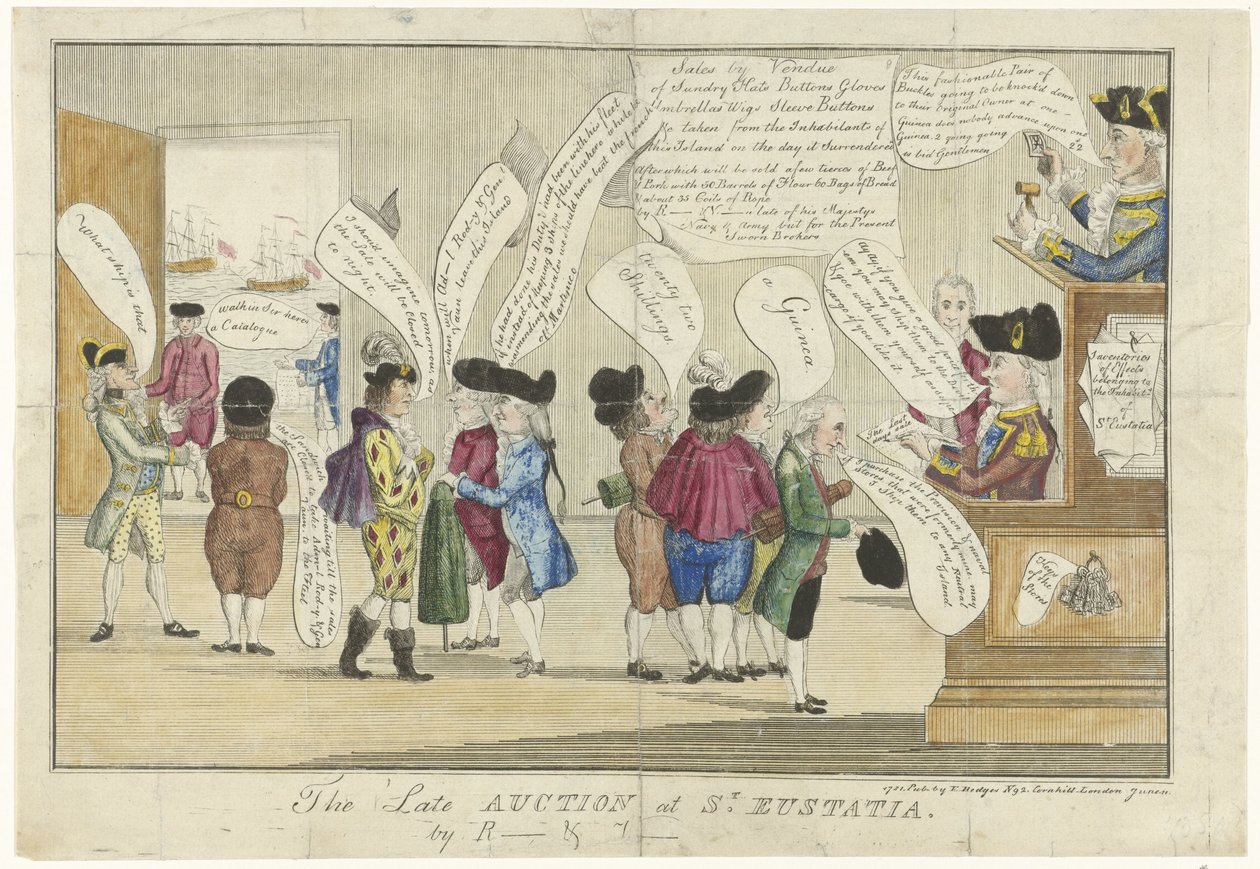 Karikatura Angličanů na sv. Eustatius, 1781 Pozdní aukce v St. Eustatia (název na objektu) od Anonymous