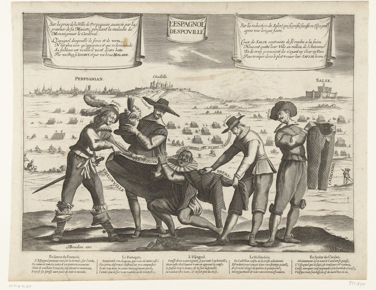 Karikatura Španělů po ztrátě Bredy, Thionville, Perpignanu, Portugalska a Katalánska, 1643 L