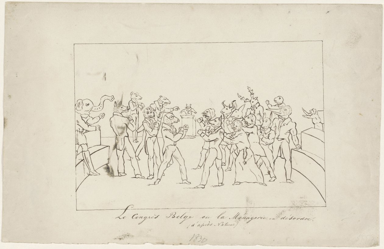 Kreslený film zobrazující neshody v belgickém národním kongresu ohledně volby krále, 1831 Le Congress Belge ou la Menagerie en désordre. (d