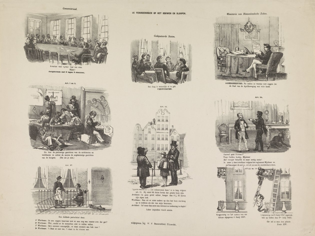 Karikatura vyhlášky v Utrechtu o stavbě a demolici, 1857 Stavební a demoliční řád (název na objektu) od Anonymous
