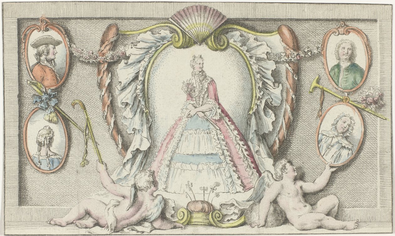 Stojící žena, dva putti a čtyři medailony Móda 1730 Mercure de France (název série) od Anonymous
