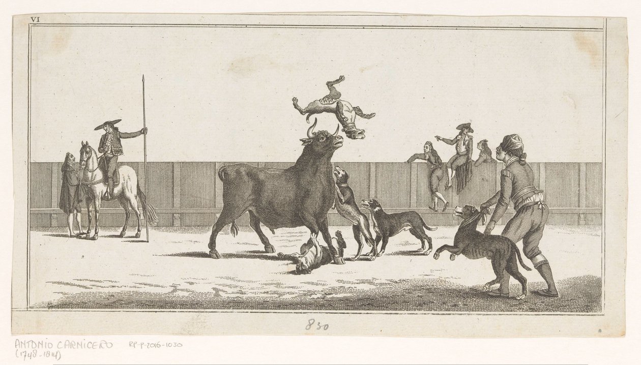 Býk napadený psy Coleccion de las principales suertes de una corrida de toros (název série na objektu) Sbírka nejdůležitějších býčích manévrů (název série) od Anonymous