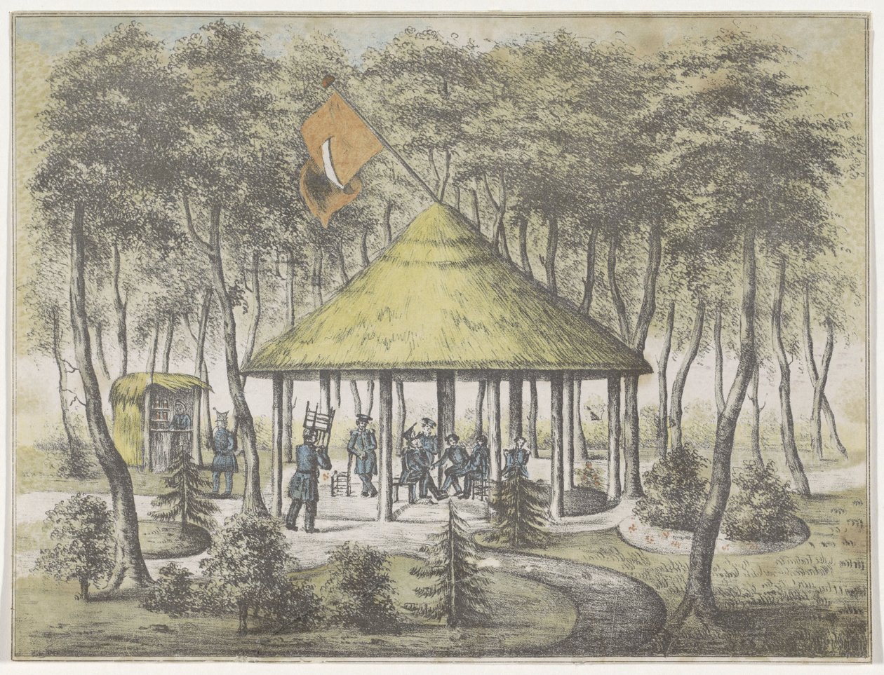 Chrám a zahrada v Boekel, 1831 Pohled na chrám a zahradu v Boekel. Postaveno a postaveno milicemi města Groningen. Jako uznání za přátelské přivítání dne 23. června 1831 členům Společnosti jako memento od Anonymous