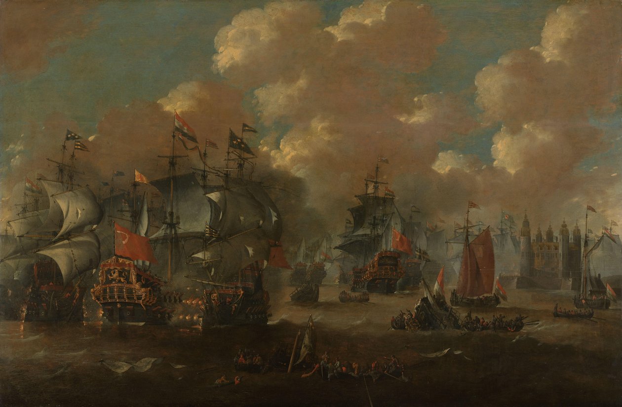 Bitva o Zvuk s Eendrachtem zasahujícím dvě švédské válečné lodě, 1658 od Anonymous