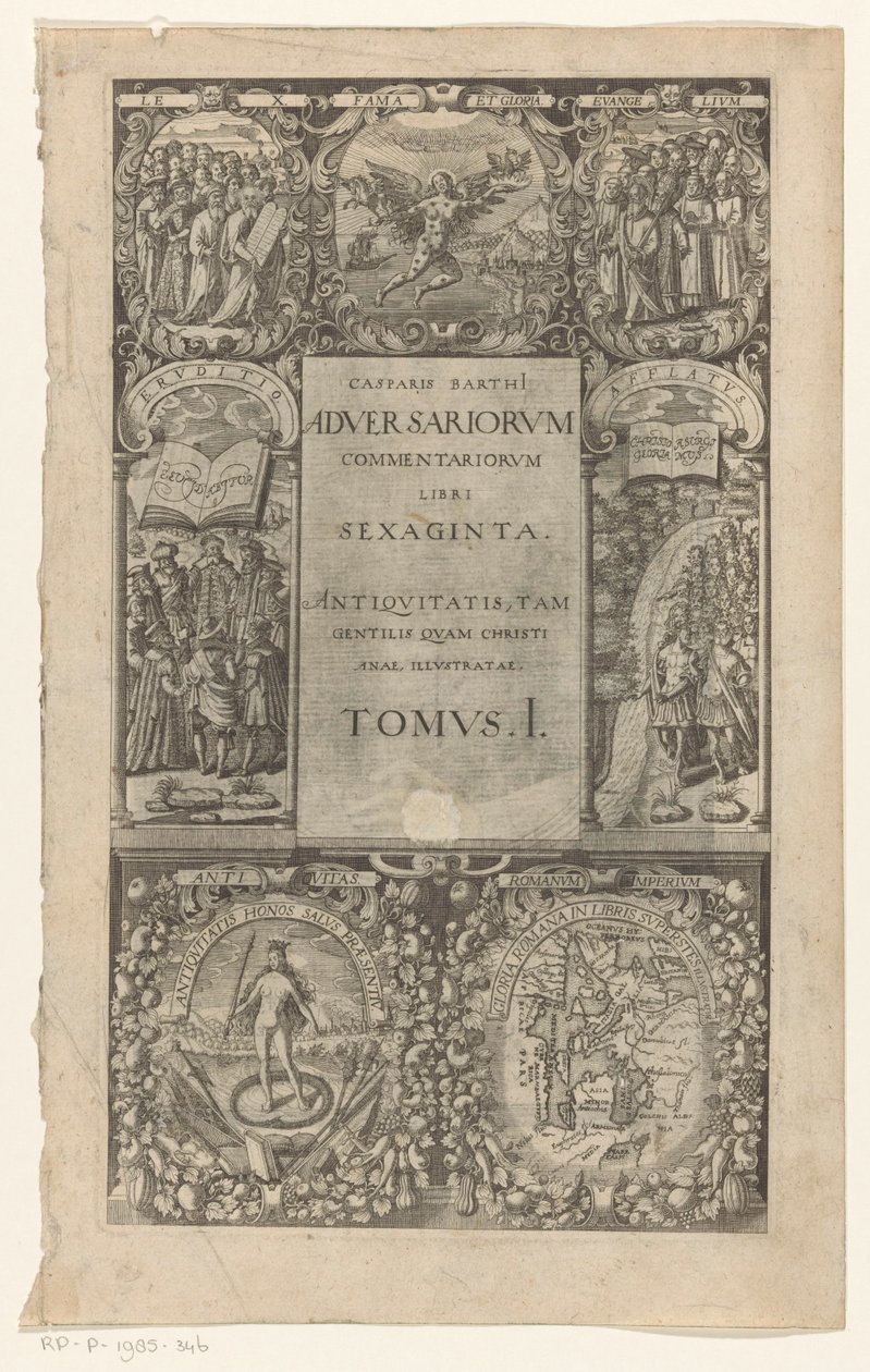 Titel se setkal s rondomem zeven kartuší Komentáře oponentů, šedesát knih, svazek I (název na předmětu) Název stránky: Caspar von Barth, Adversariorum commentariorum libri LX, 1624 od Anonymous