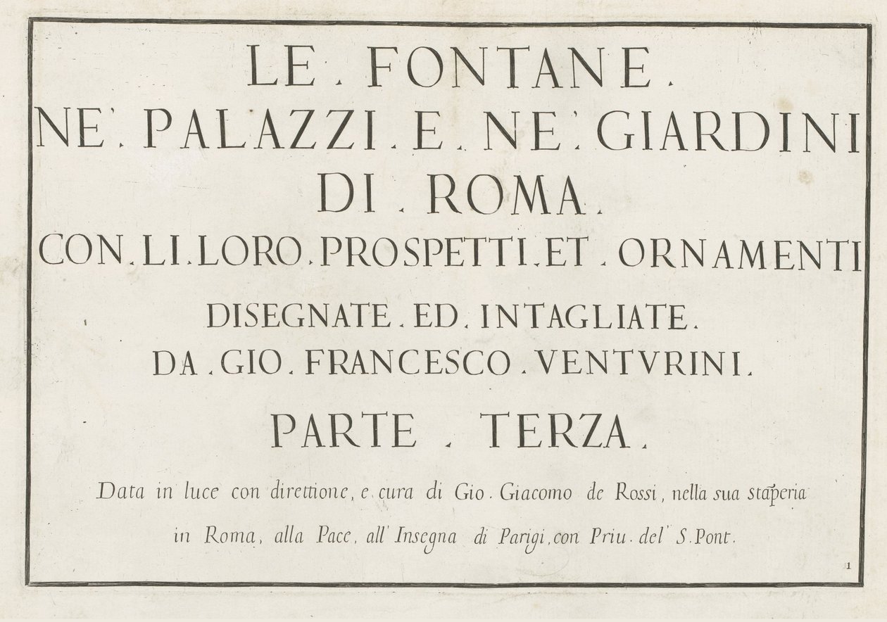 Titulní tisk s orámovaným názvem Le fontane ne palazzi e ne giardini di Roma (název série) Fontány v palácích a zahradách Říma (název série) od Anonymous
