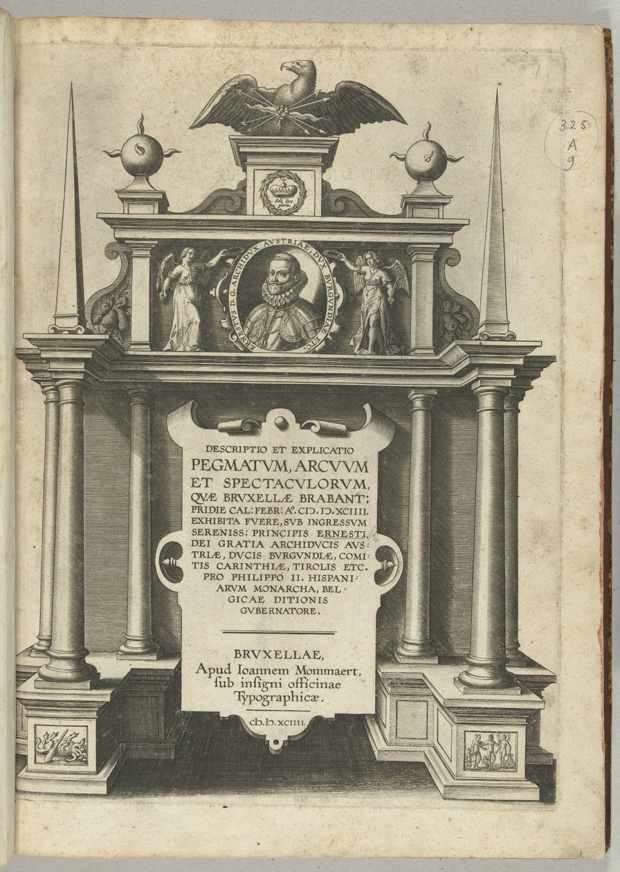 Titulní tisk pro popis vstupu arcivévody Ernsta jako guvernéra Nizozemska v Bruselu, 1594 od Anonymous