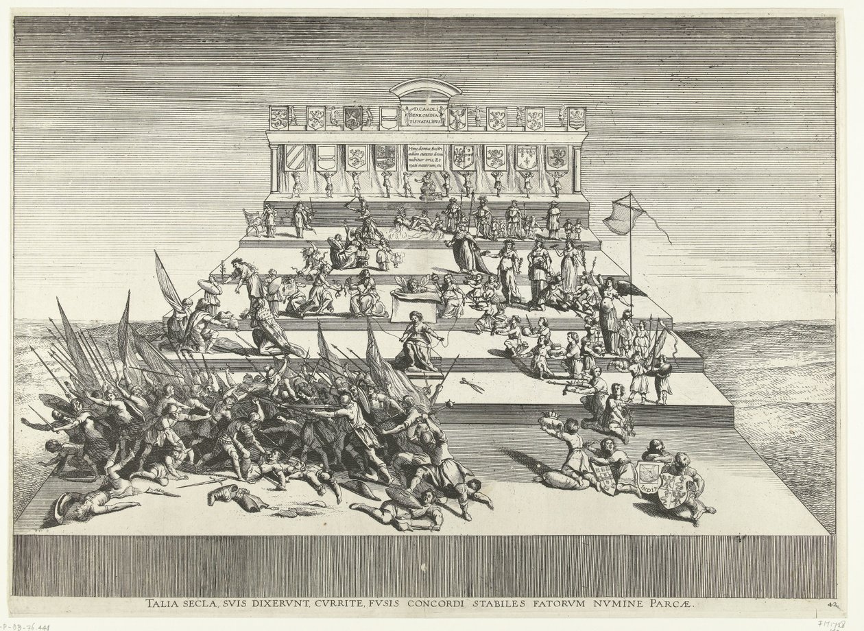 Toneelvoorstelling přes oorlog en vrede; intocht van Ferdinand te Gent v roce 1635 (č. 42) Taková staletí, říkali svým, běží, s vřeteny v harmonii, stabilní, ušetřená bohem osudu (titul na předmětu) Genethliacon divadlo Karla V od Anonymous