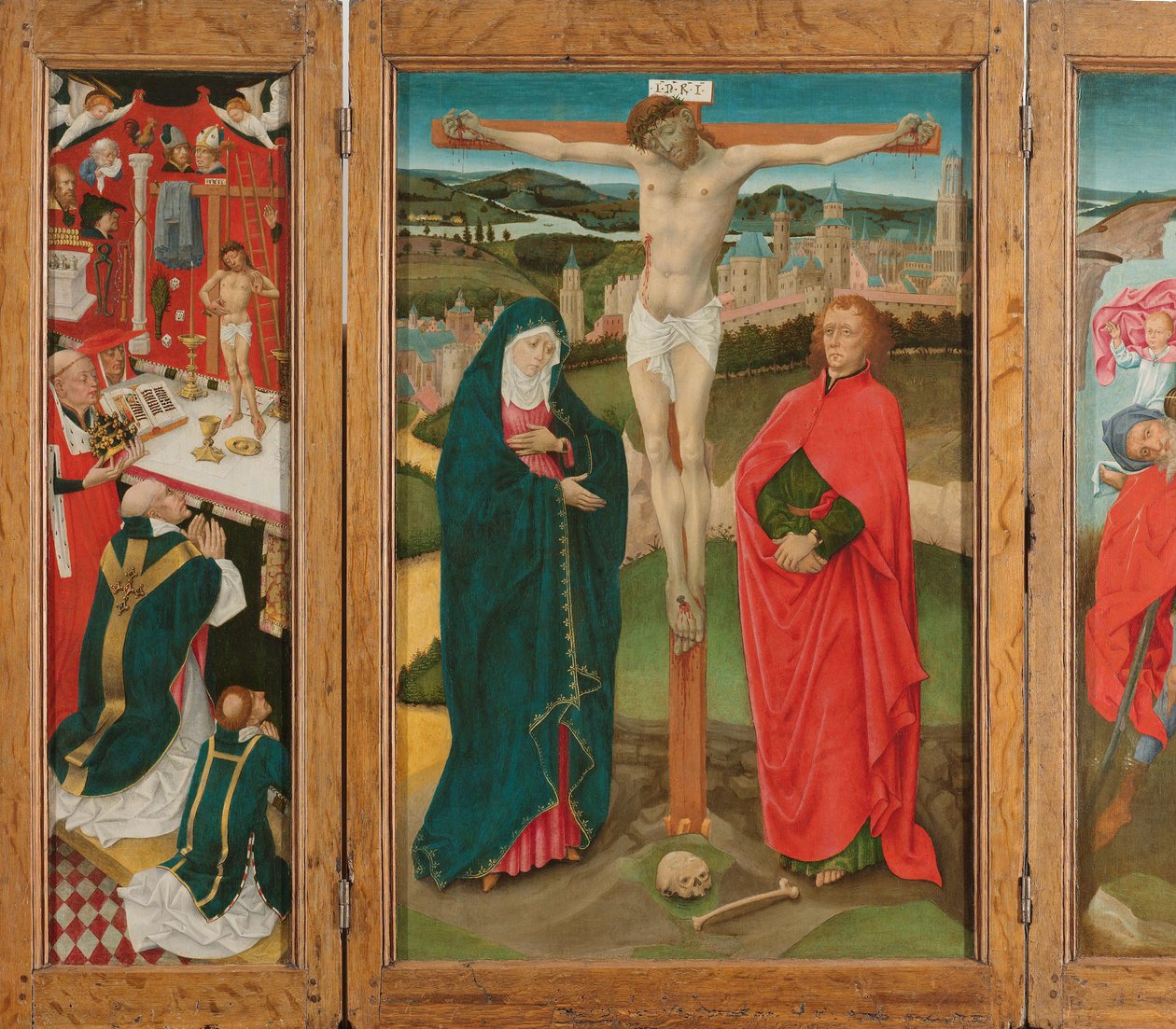 Triptych s Ukřižováním Triptych s Ukřižováním (střední panel), Mší sv. Řehoře (levé vnitřní křídlo), Svatého Kryštofa (pravé vnitřní křídlo) a Zvěstování Marii (vnější křídla) od Anonymous