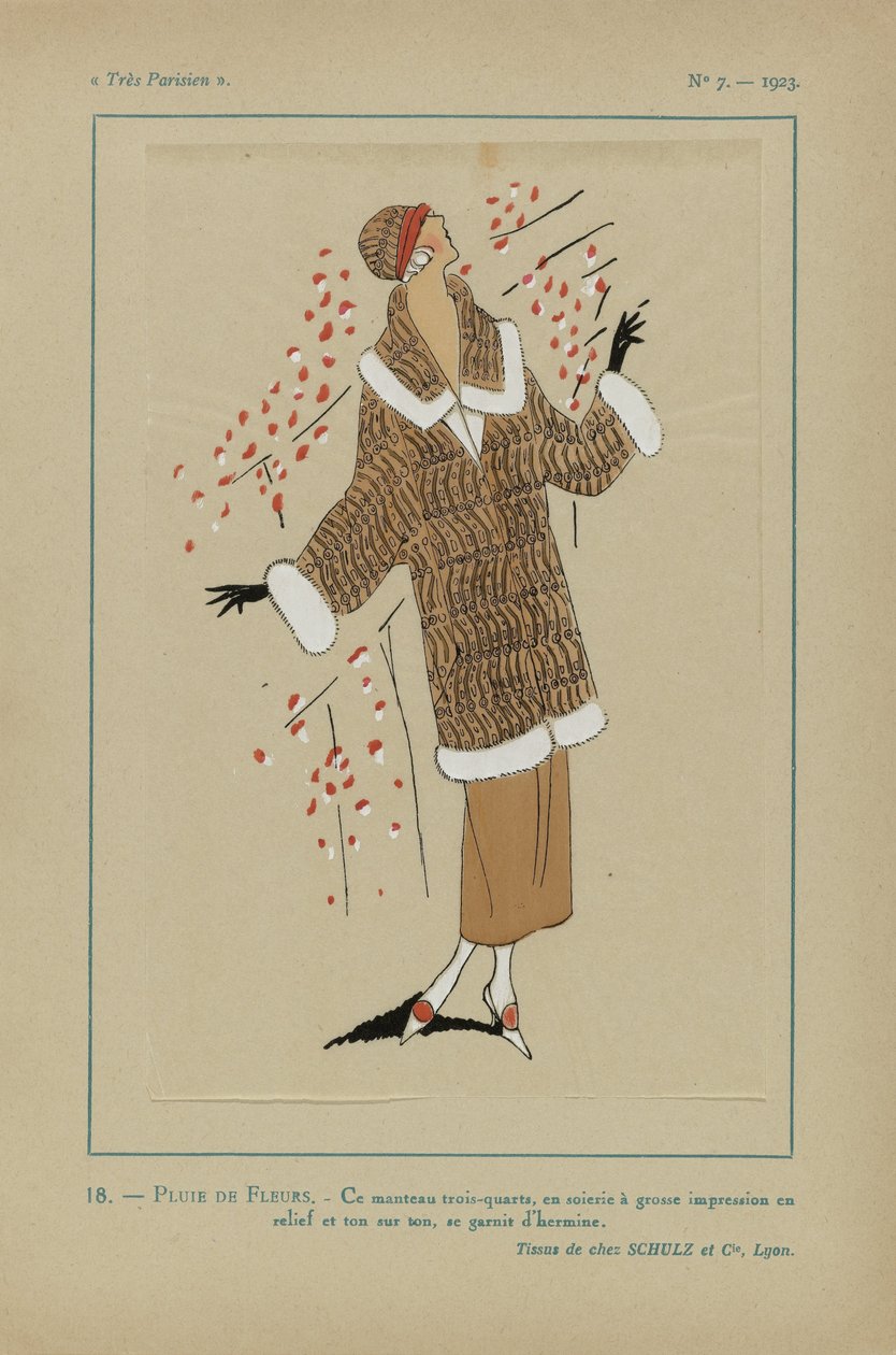 Velmi pařížský, 1923, č. 7: 18.- DÉŠŤ KVĚTIN. / Tento tříčtvrteční kabát... od Anonymous