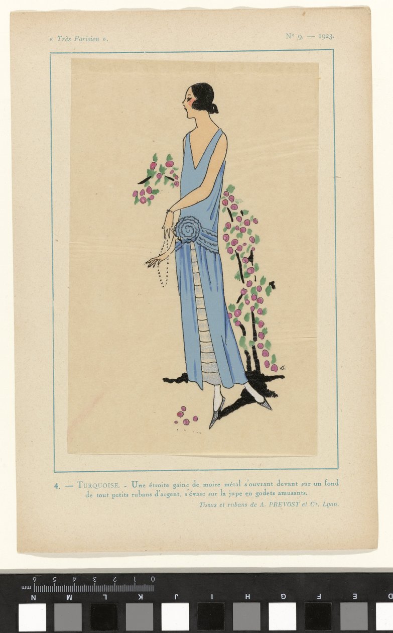 Velmi pařížský, 1923, č. 9: 4. - TYRKYSOVÁ. - Úzká pochva z moaré... od Anonymous