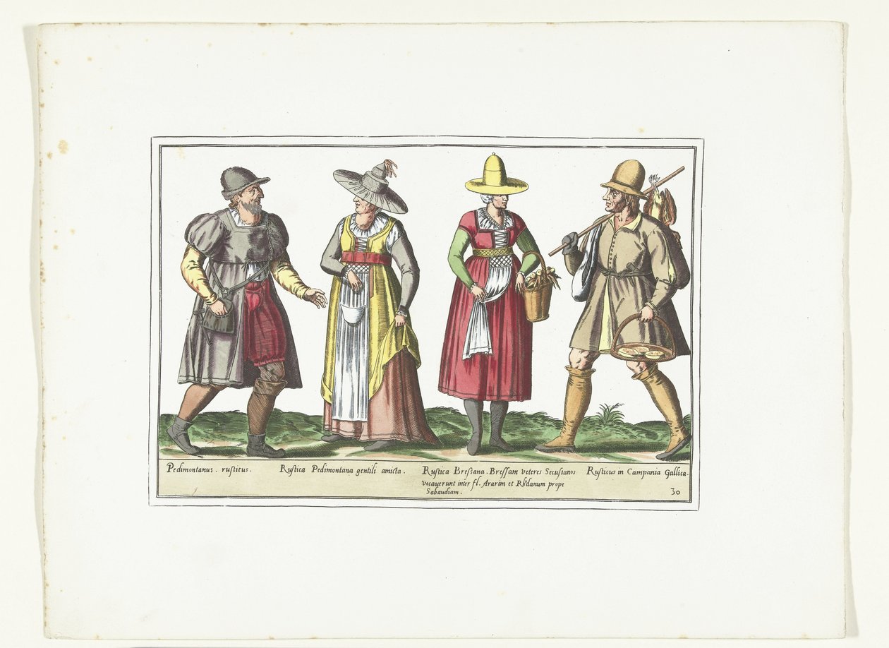 Dva rolníci a dvě rolnice v italské módě, asi 1580 Kostýmy Italiens (název na objektu) od Anonymous