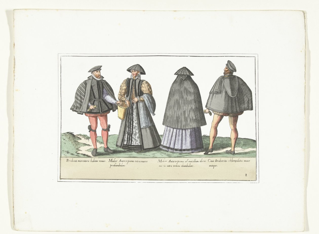 Dva muži a dvě ženy oblečení podle módy v Antverpách a Brabantsku, cca 1580 Kostýmy civils des Pays-Bas (název na předmětu) od Anonymous