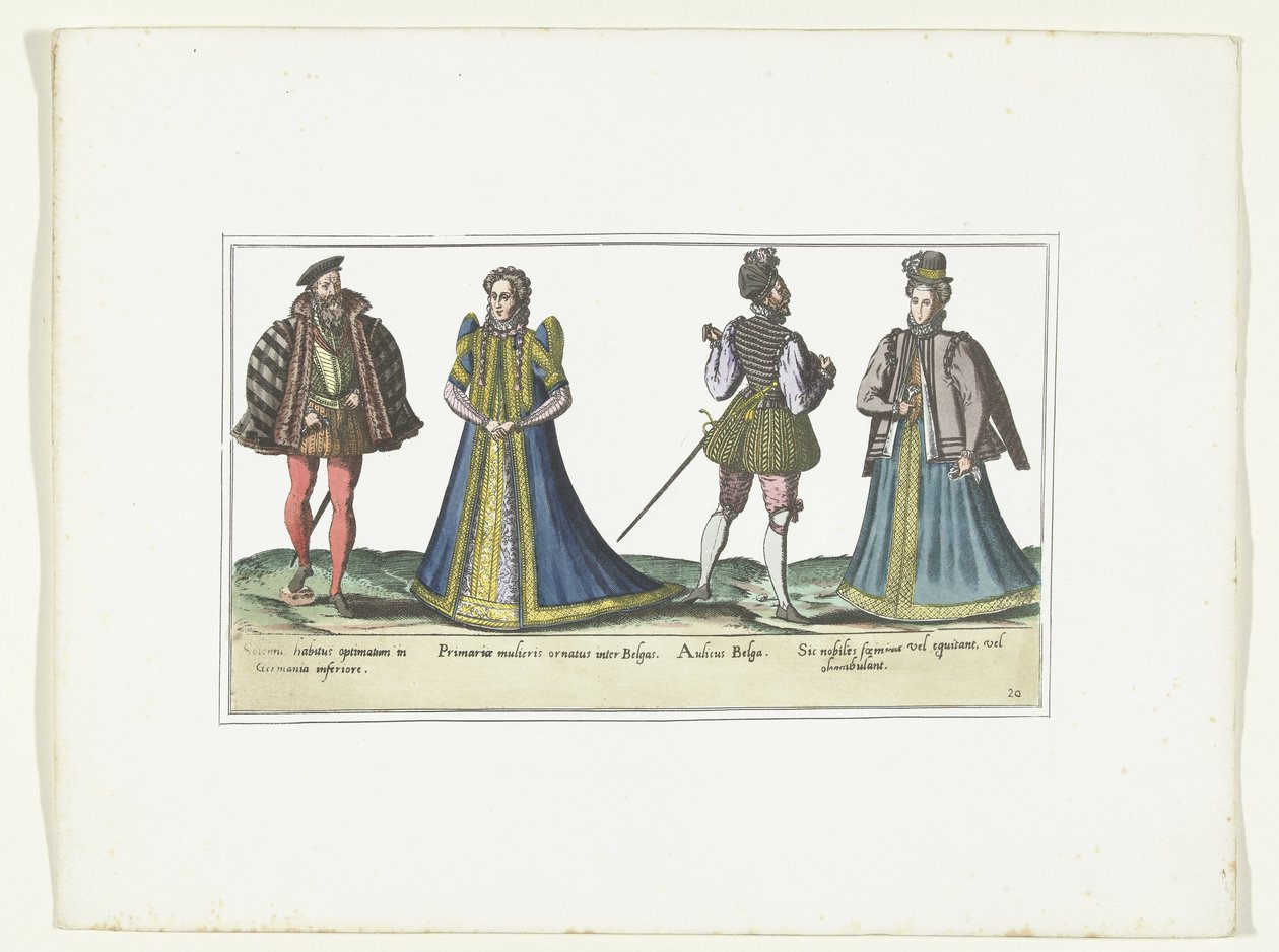 Dvě ženy a dva muži oblečení podle módy v Severním Porýní-Vestfálsku a Flandrech, asi 1580 Kostýmy Bas-Allemands et Flamands (název na objektu) od Anonymous