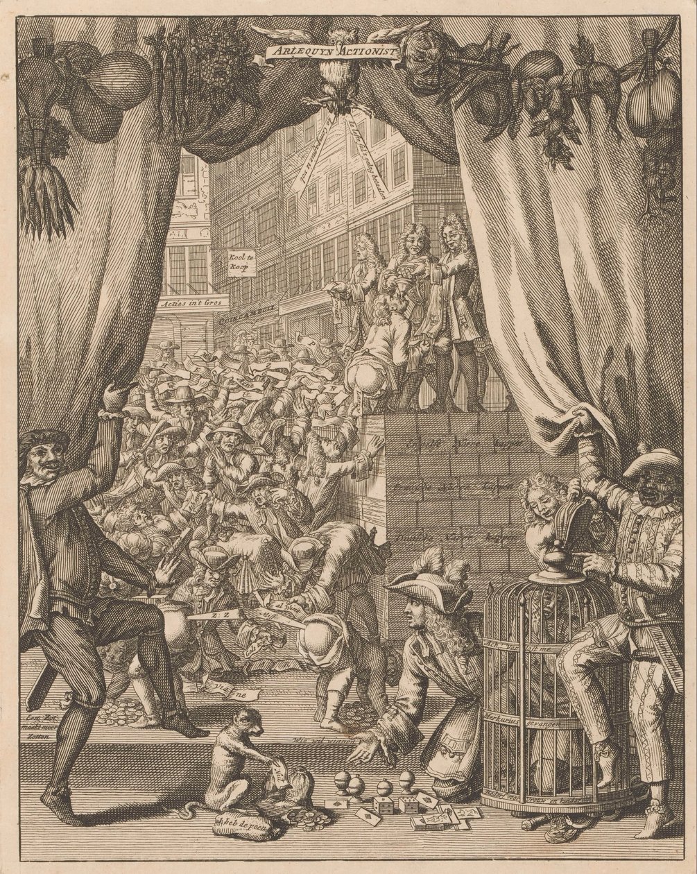 Vysvětlení desky Harlekýn Actionist, 1720 Arlequyn Actionist (název na objektu) Vysvětlení Tytelplaat, pro Arlequyn Actionist (název na objektu) The Great Scene of Folly (název série) od Anonymous