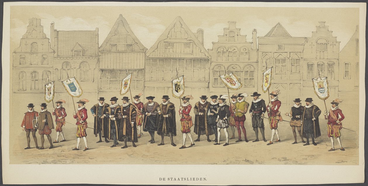 Utrechtská maškaráda, deska c: Státníci, 1856 The Statesmen (titul na předmětu) The Founders of Dutch Freedom, (doba Viléma I.) v podání H.H. členové Utrechtského studentského sboru na oslavu 220. výročí Utrechtské univerzity od Anonymous