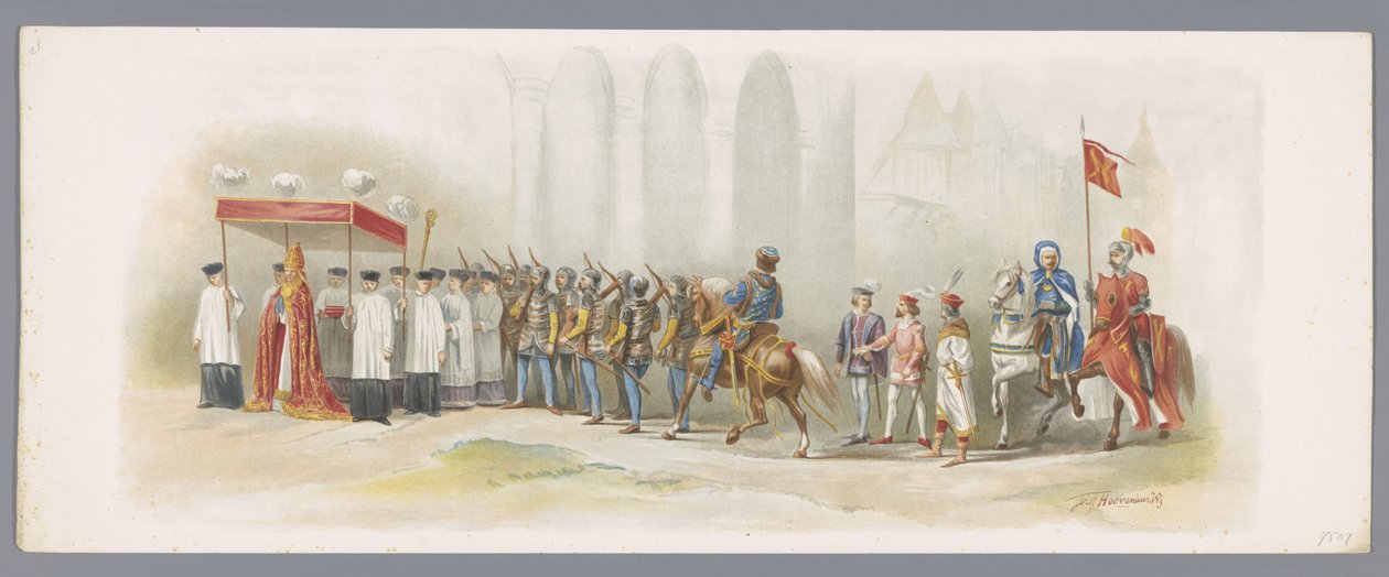 Utrechtská maškaráda z roku 1876 (třetí deska) XLVIII. Lustrum z Utrechtské střední školy. Vstup vévody Karla Smělého do Zutfenu, IV. August MCCCCLXXIII. Kostýmovaný průvod Heeren Studenten, konaný v Utrechtu 27. června 1876 (název série od Anonymous
