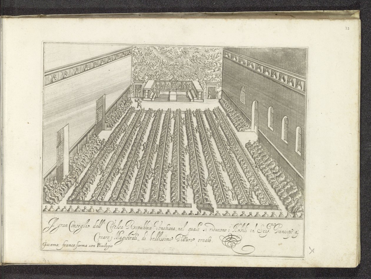 Vergadering v Sala del Maggior Consiglio Scènes uit het Venetiaanse leven (název série) Habiti d