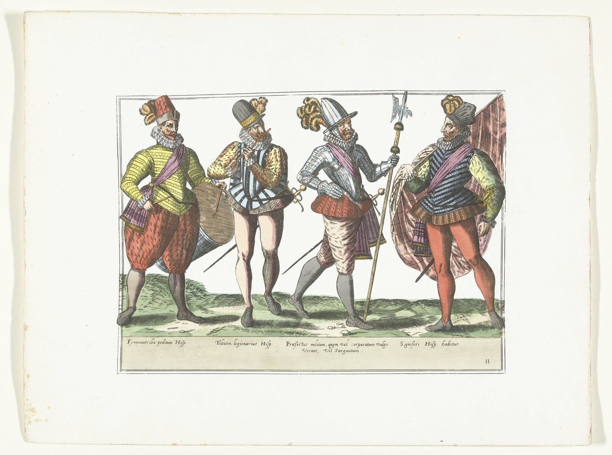 Čtyři španělští vojáci v uniformě, kolem roku 1580 Kostýmy vojenské Espagnoly (název na předmětu) od Anonymous
