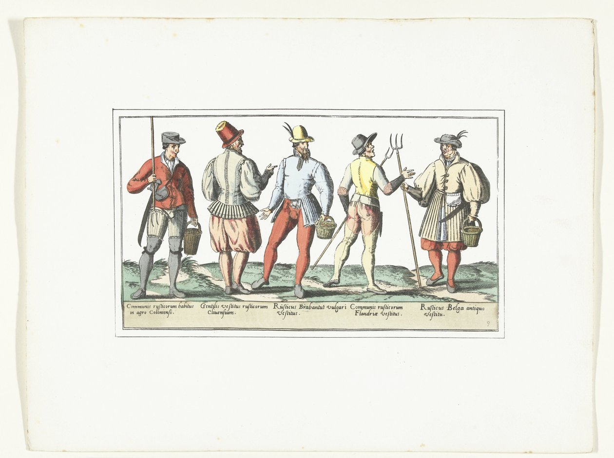Čtyři rolníci oblečení podle současné módy a jeden ve staré módě, kolem roku 1580 Modes Rustiques (název na objektu) od Anonymous