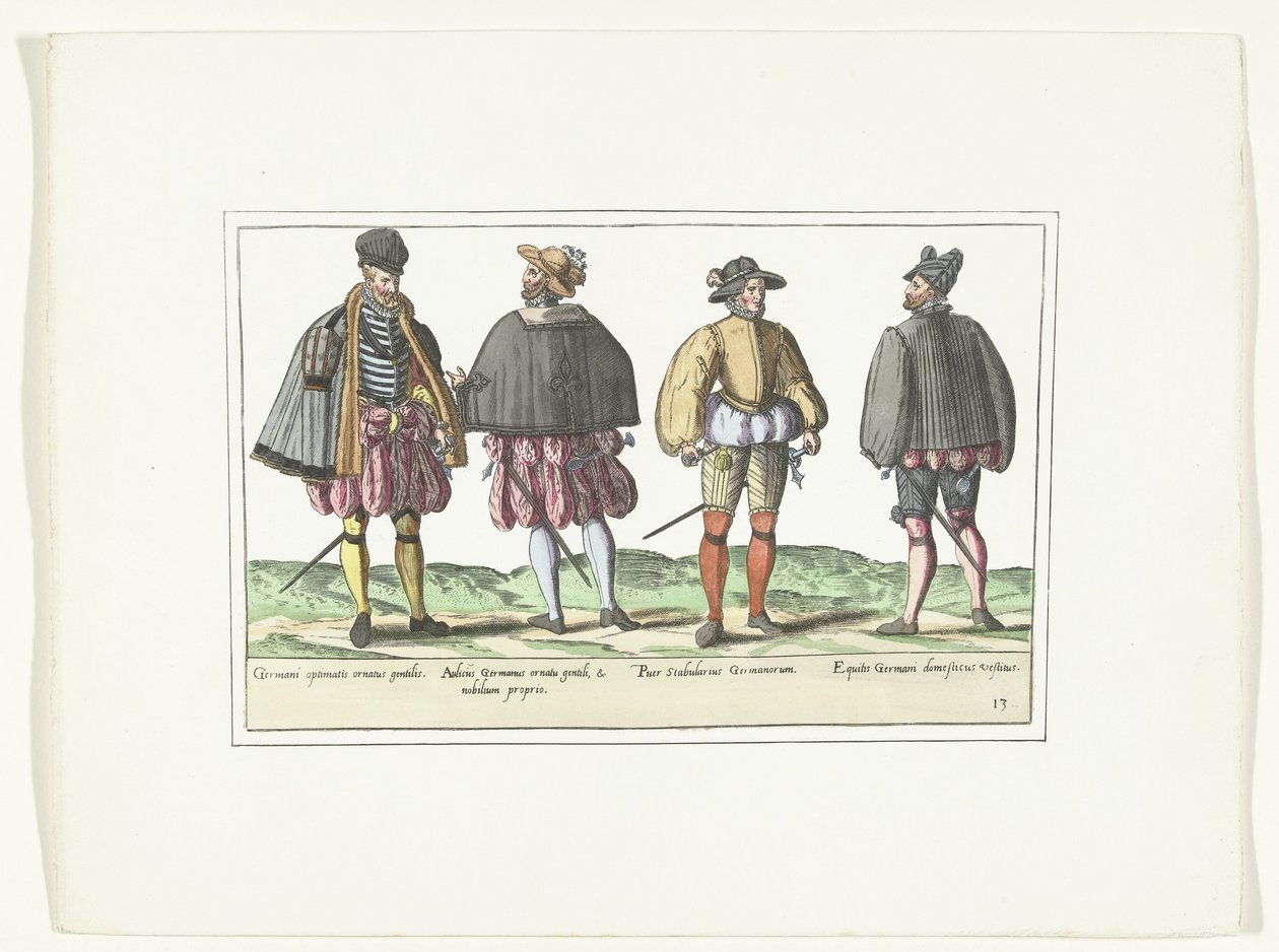 Čtyři muži oblečení v německé módě, kolem roku 1580 Kostýmy Allemands (název na předmětu) od Anonymous